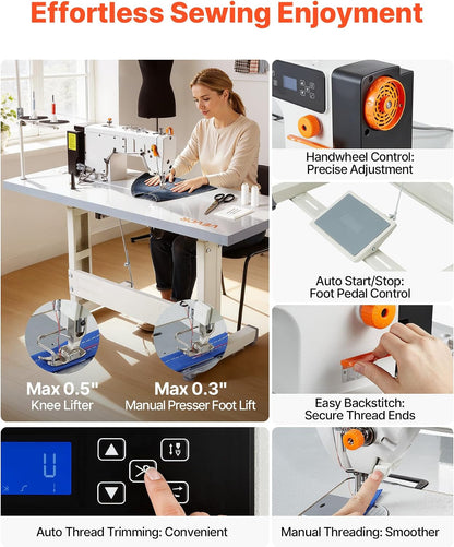 VEVOR Industrial Lockstitch Sewing Machine, 550W Servo Motor Commercial Sewing Machine Set with Table Stand, 5000 SPM High Speed, Auto Thread Trimmer, Metal Frame for Denim Cotton Sewing