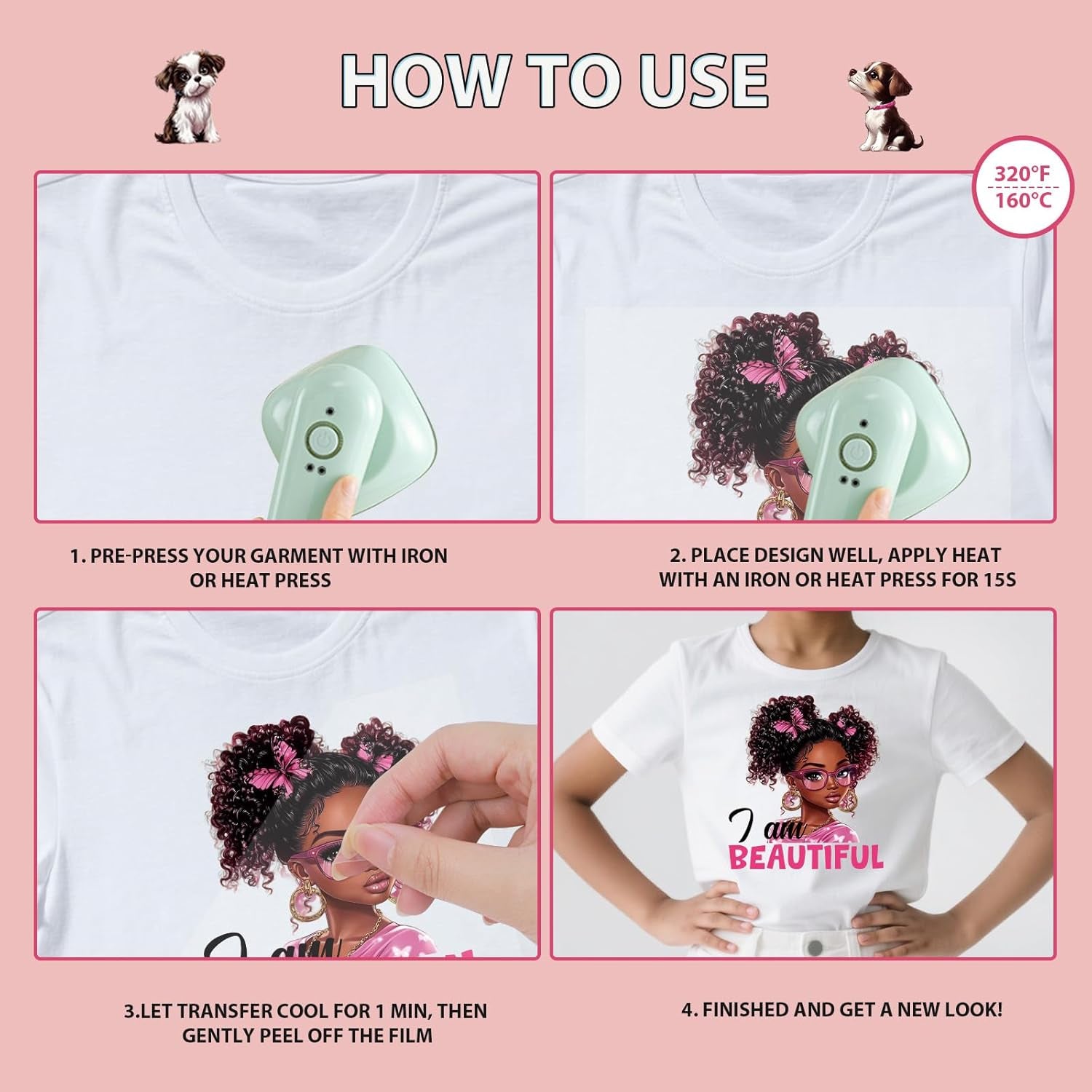 DTF Transfers Ready to Press - 20Pcs Black Little Girl Iron on Transfers for Tshirts, Chibi Afro Girl Iron on Decals Patches, Afican American Young Princess Sublimation for DIY Clothes Jeans