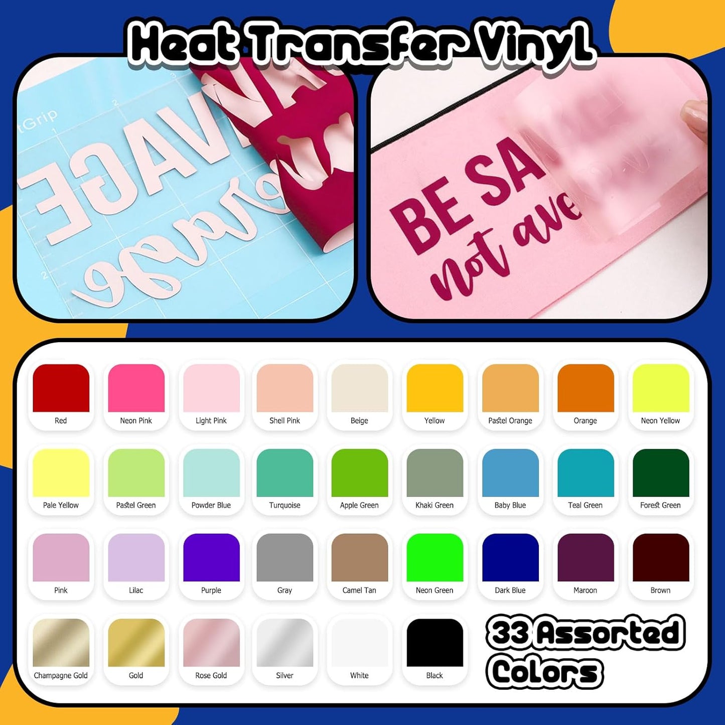 Heat Transfer Vinyl for T-Shirts, Clothes, Bags & Pillows, 33 Sheets 12"X12" for Heat Press Iron on HTV Vinyl Compatible with Most Cutters, Easy Cut & Weed