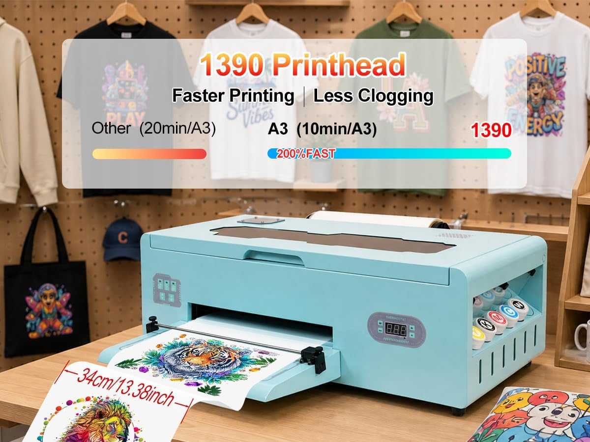 A3 G13 DTF Printer, A3 DTF Transfer Printing Machine for DIY Print T-Shirts Apparel with White Ink Systems & Auto Cleaning Includes Printer, Consumable Software