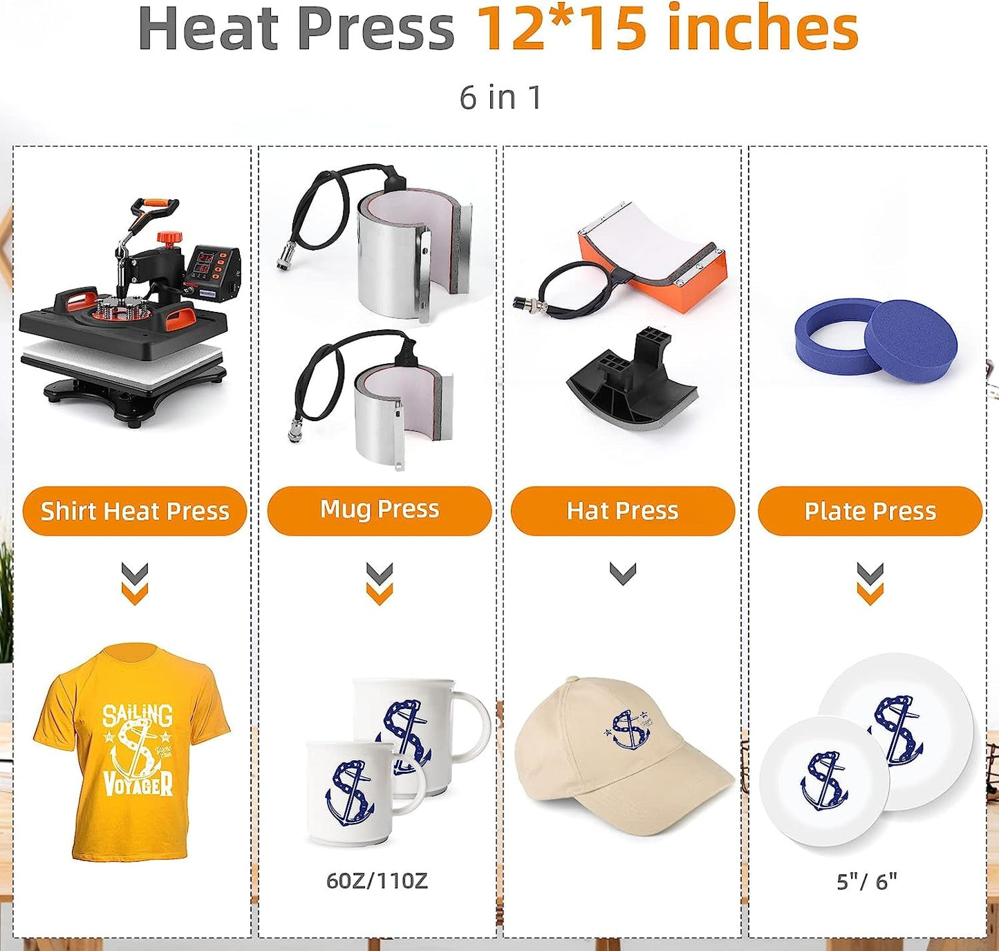 6 in 1 Heat Press Machine 12X15Inch, T-Shirt Pressing Machine Slide Out Design with Digital Controller, Heat Press Transfer Combo for T-Shirt/Hat/Cap/Mug/Plate