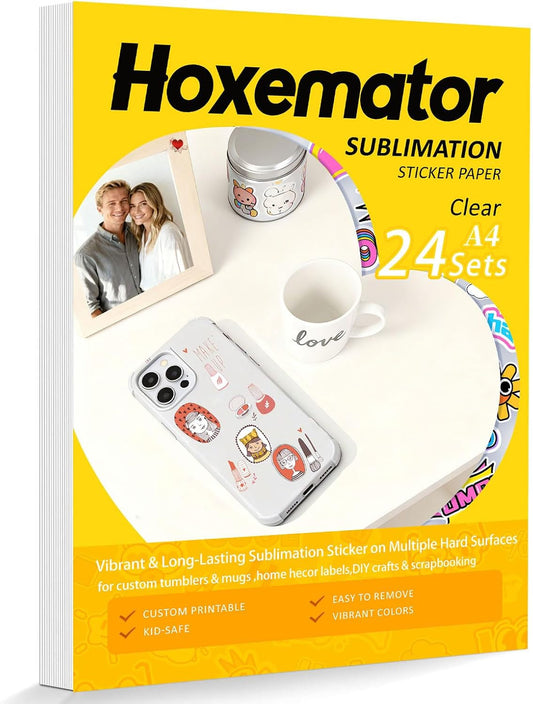[24 Set] Sublimation Paper for Sublimation Printers & Ink + Clear Sublimation Sticker Paper, Waterproof, Fade-Resistant Sublimation Transfer Paper for DIY Mugs, Tumblers, Phone Cases