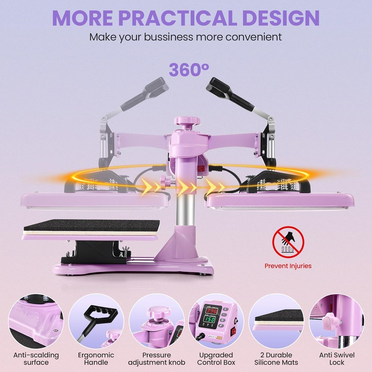 Heat Press Machine for Tshirts, 5 in 1 Heat Transfer Machine, 12" X 15" Heat Printing Press for Sublimation Combo with 360 Degree Rotation Swing Away for T-Shirt Hat Cap Mug Plate, Pink Purple