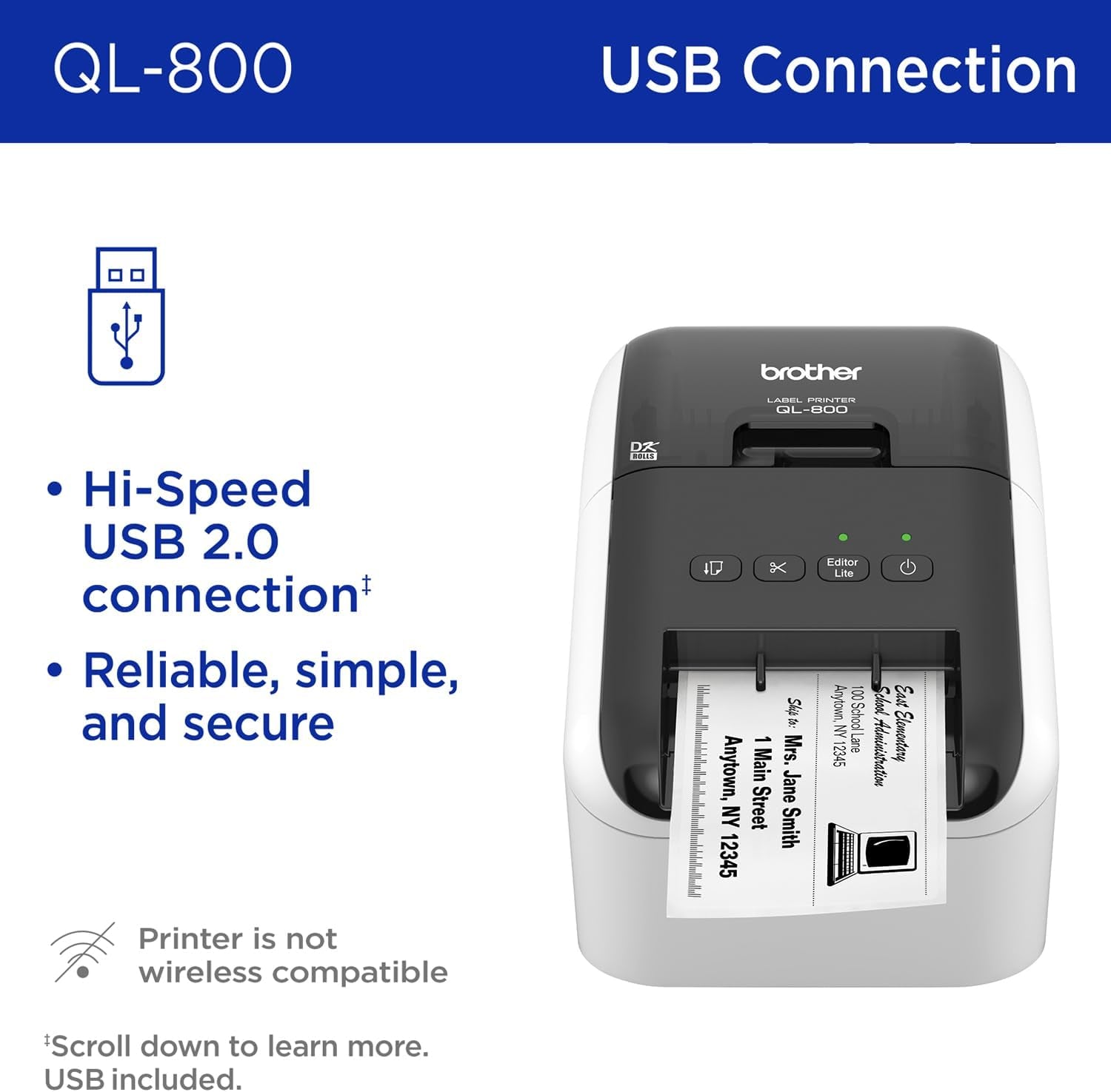 Brother QL-800 High-Speed Professional Printer, Plug & Label Feature, Genuine DK Pre-Sized Labels, Multi-System Compatible – Black & Red Printing Available (Required USB Cable Included)