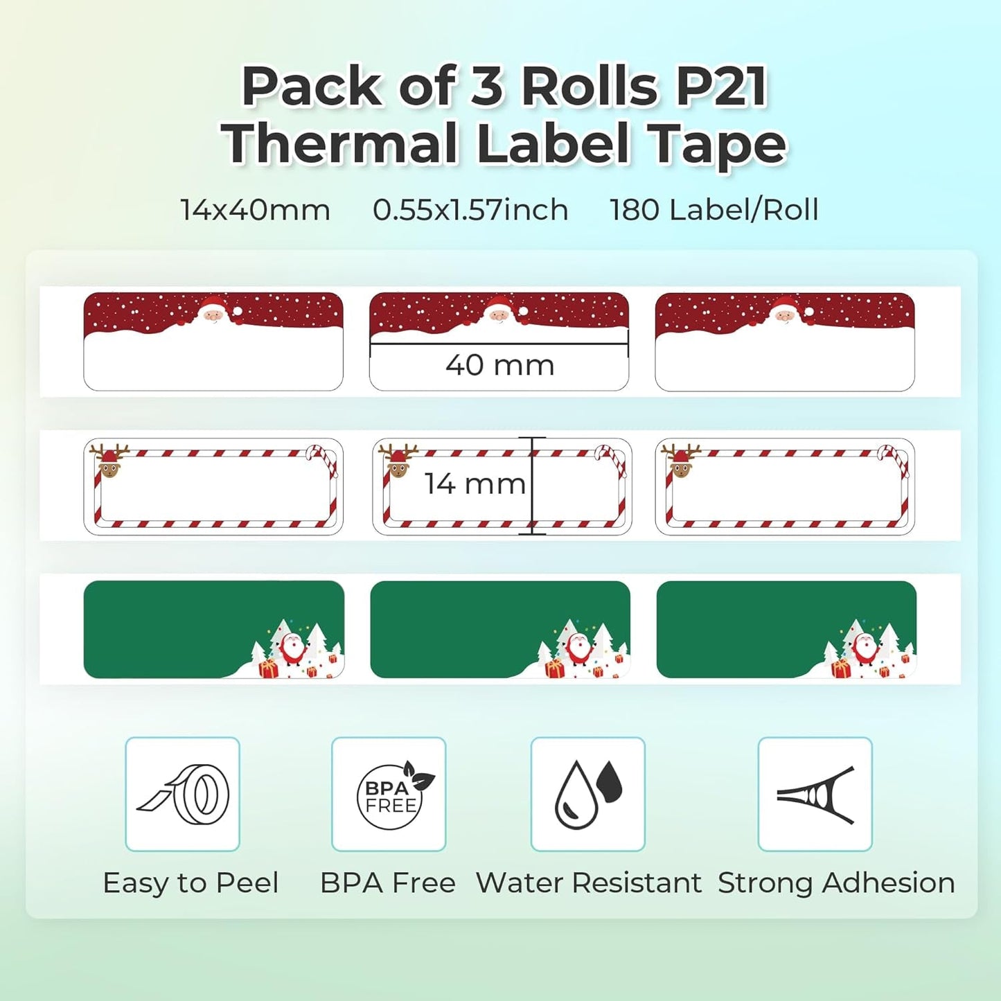 NELKO Genuine P21 Label Maker Tape, Adapted Label Print Paper, 14X40Mm (0.55Inx1.57In), Standard Laminated Labeling Replacement, Multipurpose of P21, 180 Tapes/Roll, 3-Roll, Christmas Theme