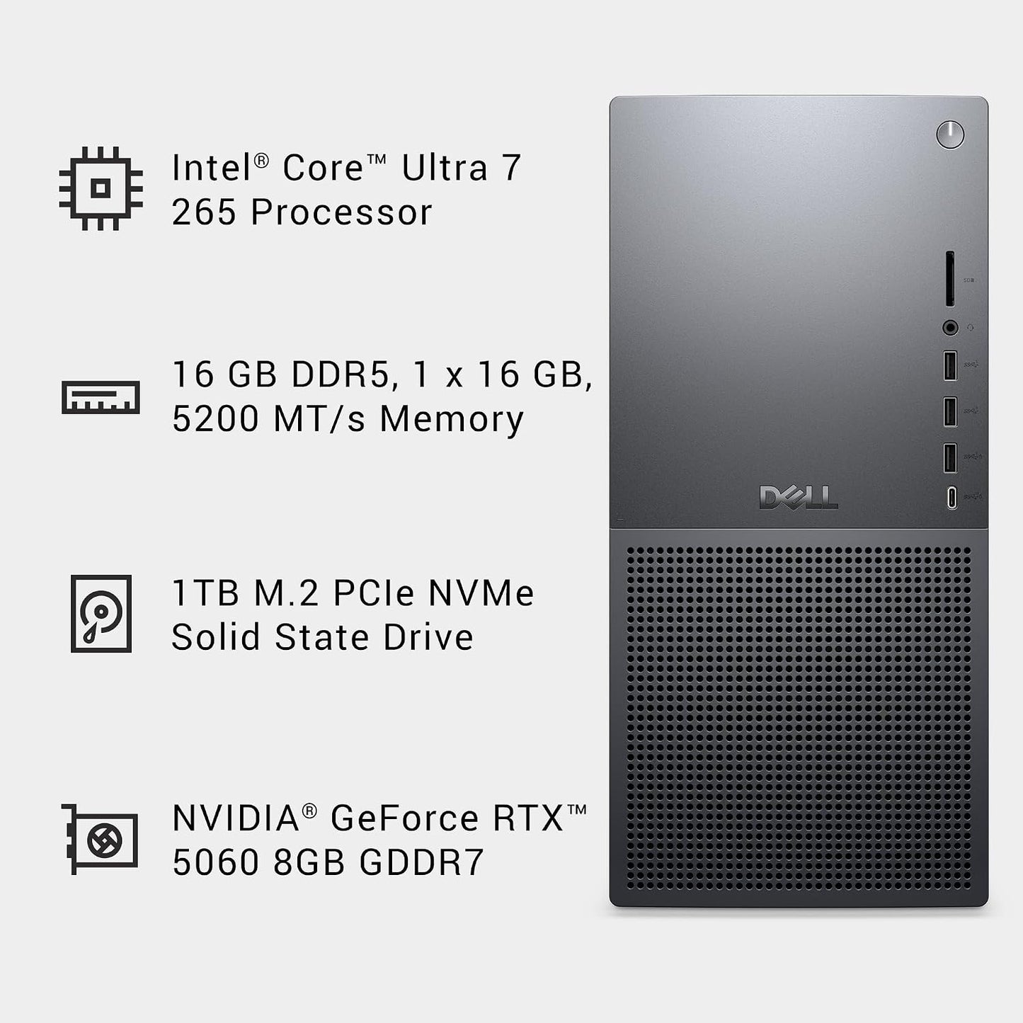 Dell Tower plus EBT2250 Desktop - Intel Core Ultra 7 265 Processor, 16GB DDR5 Memory, 1TB SSD, NVIDIA Geforce RTX 5060, Windows 11 Home, 1 Year Onsite Service, 1-Year Mcafee+Premium Protection - Black