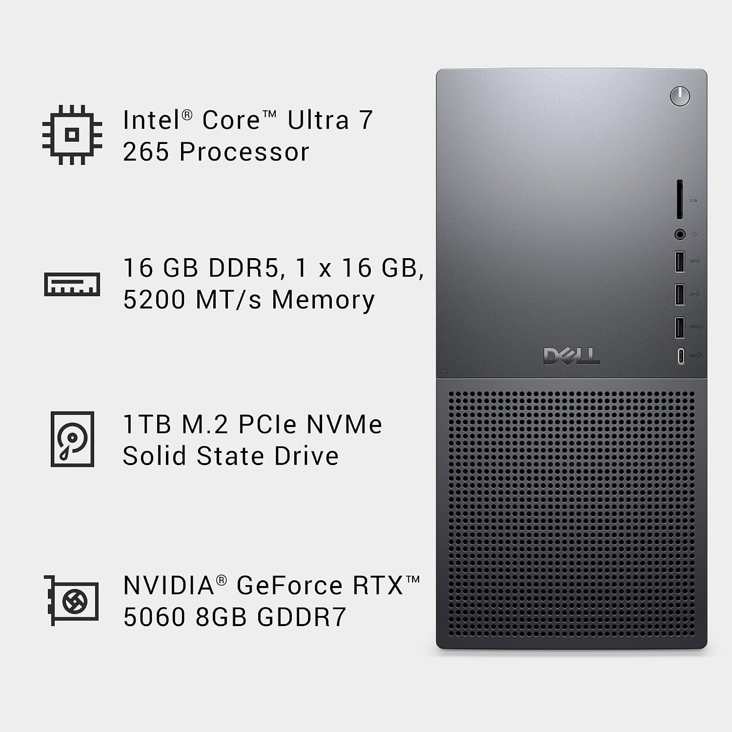 Dell Tower plus EBT2250 Desktop - Intel Core Ultra 7 265 Processor, 16GB DDR5 Memory, 1TB SSD, NVIDIA Geforce RTX 5060, Windows 11 Home, 1 Year Onsite Service, 1-Year Mcafee+Premium Protection - Black