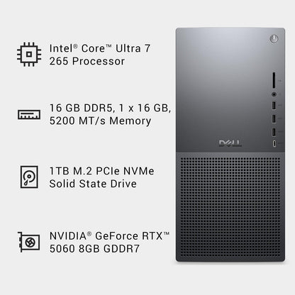 Dell Tower plus EBT2250 Desktop - Intel Core Ultra 7 265 Processor, 16GB DDR5 Memory, 1TB SSD, NVIDIA Geforce RTX 5060, Windows 11 Home, 1 Year Onsite Service, 1-Year Mcafee+Premium Protection - Black