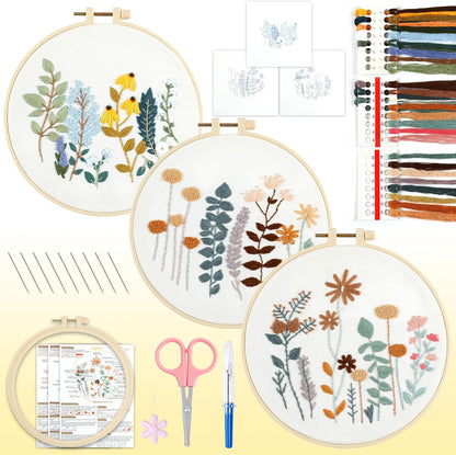 Embroidery Kit for Beginners- 3 Pcs Needlepoint Kits for Adults with Step by Step Video, Flower Beginner Embroidery Kit for Adults, Pre-Printed Patterns for Gift for Women