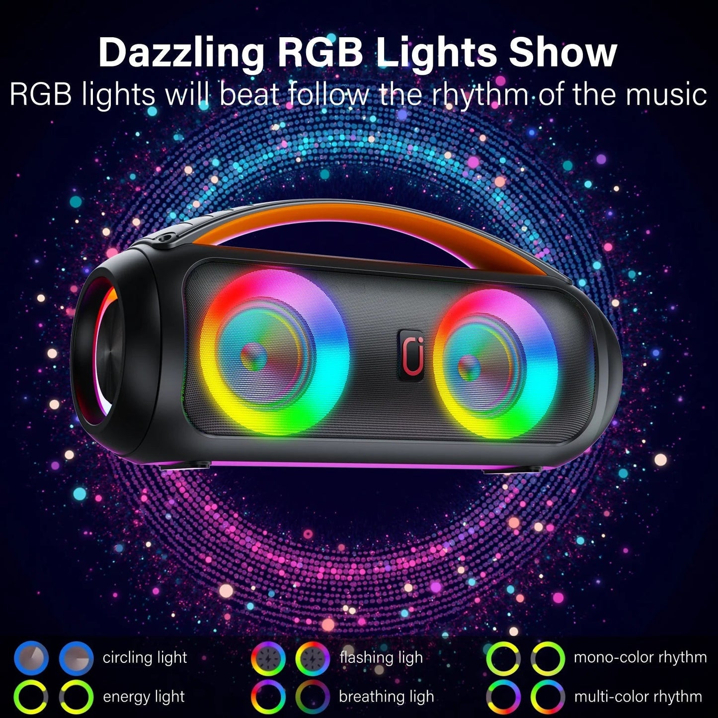 Waterproof Bluetooth Speaker, 40W Stereo Deep Bass, Portable Boombox Party Speaker, Remote Control, D16