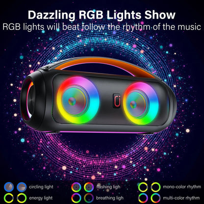 Waterproof Bluetooth Speaker, 40W Stereo Deep Bass, Portable Boombox Party Speaker, Remote Control, D16