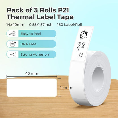 NELKO Genuine P21 Label Maker Tape, Adapted Label Print Paper, 14X40Mm (0.55"X1.57"), Standard Laminated Office Labeling Tape Replacement, Multipurpose of P21, 180 Labels/Roll, 3-Roll, White