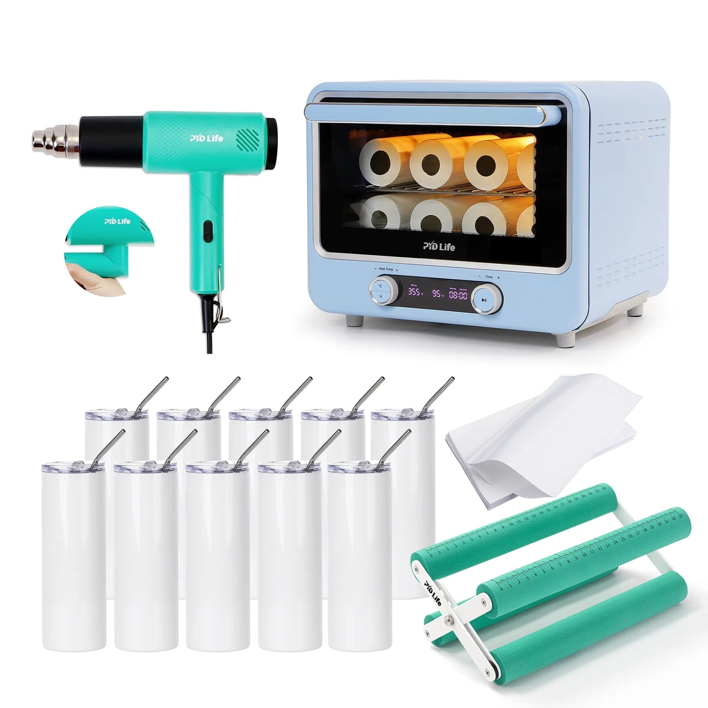 40 L Sublimation Oven Sublimation Starter Beginner Kit Bundle with 20 OZ Sublimation Tumblers,Cup Tumbler Cradle,Shrink Wrap Films and Heat Blower Foldable Handle