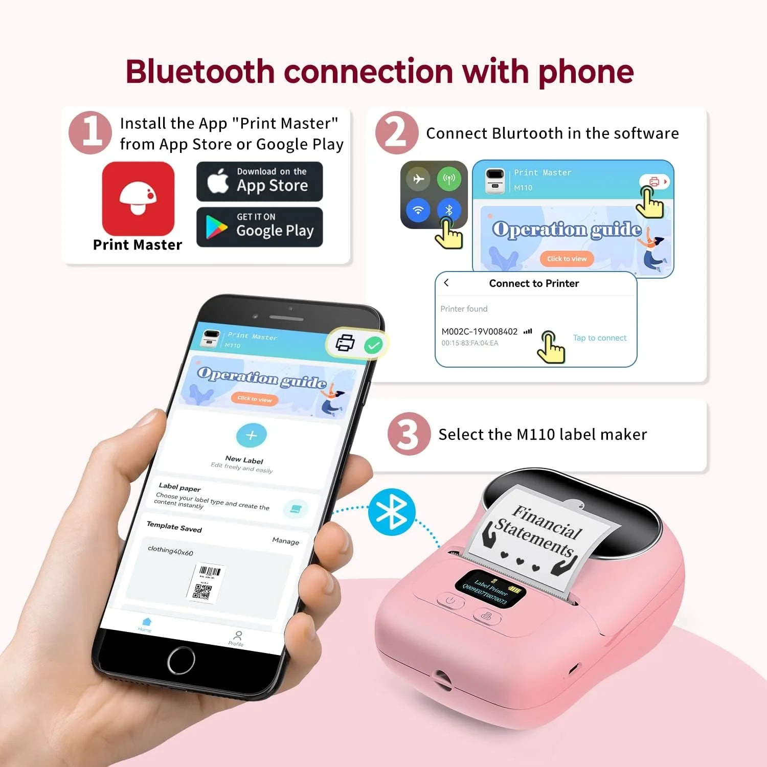 M110 Thermal Label Printer - Portable Bluetooth Address Label Maker for Small Business, Barcode & Retail, Compatible with Phones & PC (Pink)