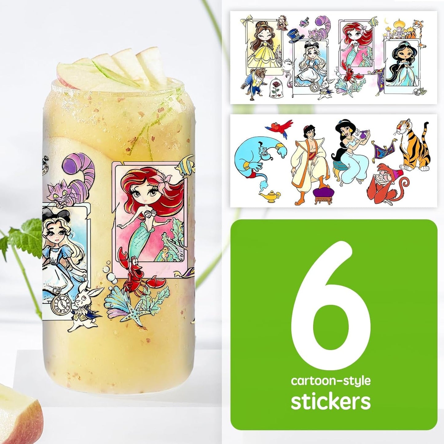 6Sheets Cartoon UV DTF Cup Wrap Transfer Stickers for 16Oz Glass Cups, Rub on Transfers for Crafts Cup Decal Stickers (Princess)