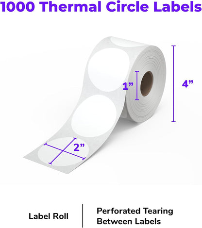 Rollo Circle Thermal Labels 2 Inch - Roll of 1,000 round Sticker Labels - Multi-Purpose Direct Thermal Printer Stickers 2X2 (White)