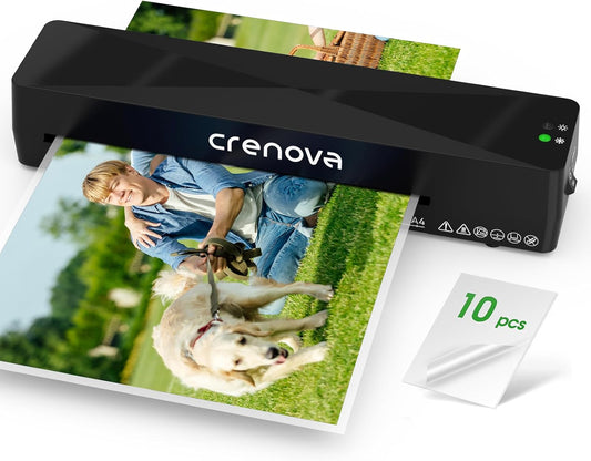 Crenova Laminator Machine with 10 Laminating Sheets, A4 Laminating Machine | Hot & Cold with Fast Warm Technology, Thermal Laminator 9 Inch for Home Office School Business Black