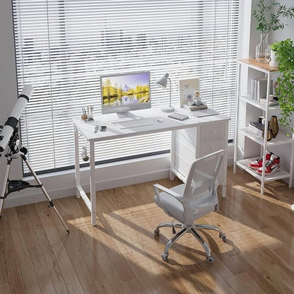 White Computer Desk with Fabric Drawers, 47 Inch Study Work Writing Desk for Home Office Bedroom, Simple Modern Cute PC Desks with Drawer, White