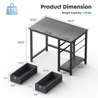 Computer Desk with Drawer 40 Inch PC Table Study Desk with 2-Tier Drawers Storage Shelf Headphone Hook, Modern Simple Style Laptop Desk