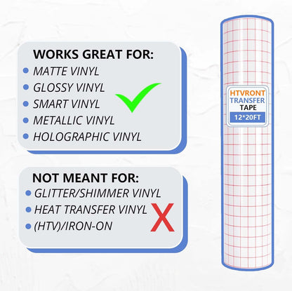 Transfer Tape for Vinyl - 12" X 20 FT Red Alignment Grid Clear Transfer Paper for Vinyl for Self Adhesive Vinyl - High Tack Transfer Tape for Signs Stickers Decals Walls Doors