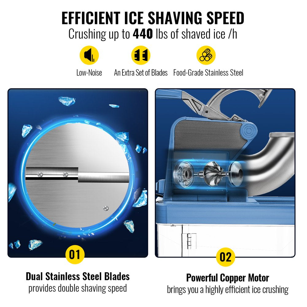 brand 110V Commercial Ice Crusher 440LBS/H, ETL Approved 300W Electric Snow Cone Machine with Dual Blades, Stainless Steel Shaved Ice Machine with Safety On/Off Switch