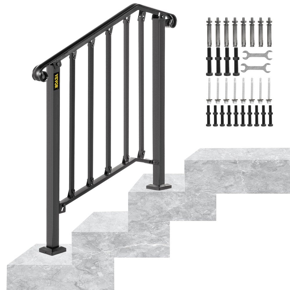 brand Handrail for Stairs Fits 2 or 3 Steps Outdoor Wrought Iron Handrail Height Adjustable Stair Railing, Matte Black