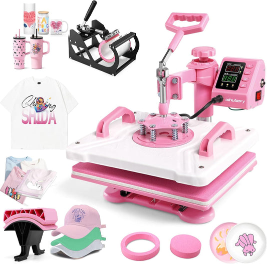 Whubefy Heat Press 12X15, 5 in 1 Heat Press Machine 360° Swing Away, Pink Sublimation Heat Press Digital Heat Transfer with 11Oz Tumbler Press Machine, Heat Press Machine for Hat Cap Mug Plate