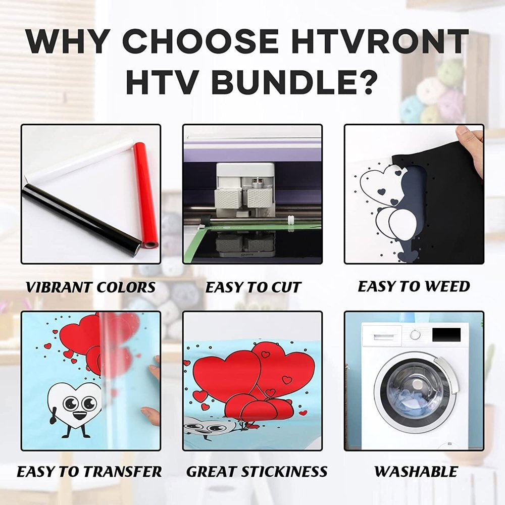 HTV Heat Transfer Vinyl Bundle (8 Pack) - 12"X 3FT HTV Vinyl Rolls Easy to Weed