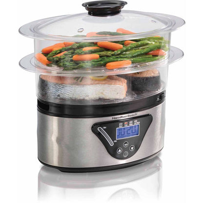 Food Steamer and Rice Cooker, Digital Programmable, 5.5 Quart Capacity, 2-Tier, Silver, 37530