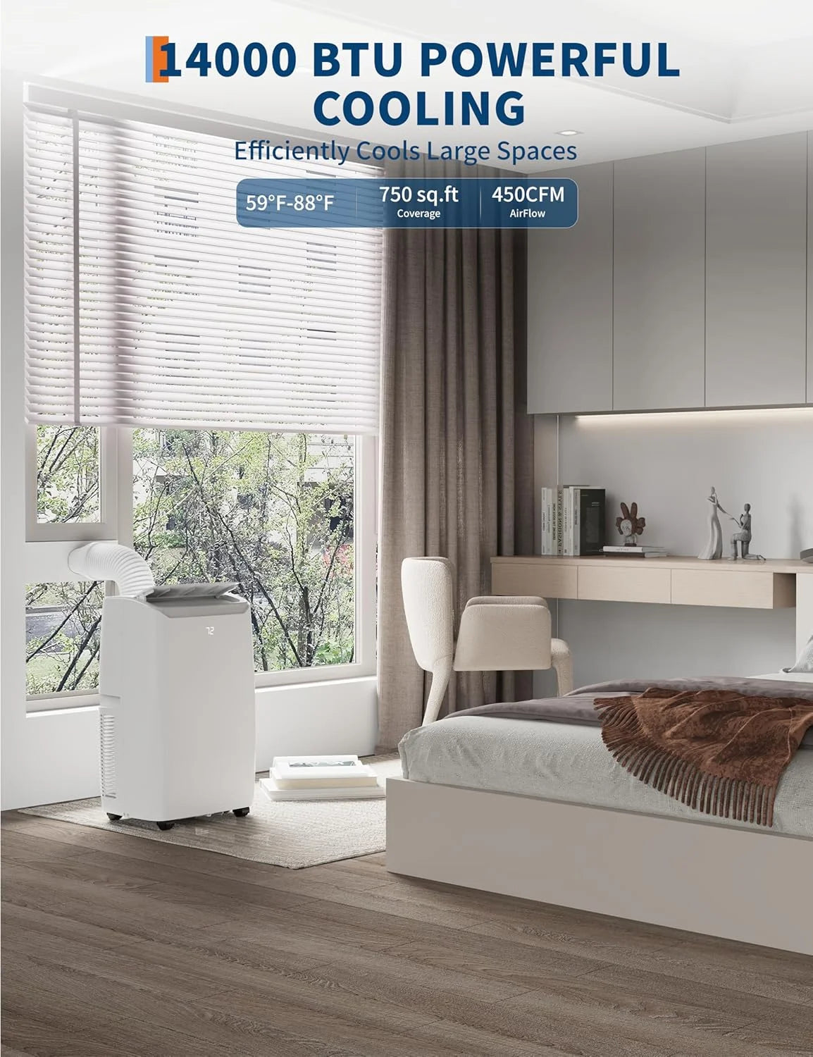 Portable Air Conditioner 14000 BTU for Large Rooms up to 750 Sq.Ft, Efficient Cooling AC Unit with 4 Modes, Cool, Fan, Dehumidify & Sleep, Remote Control & Installation Kit Included