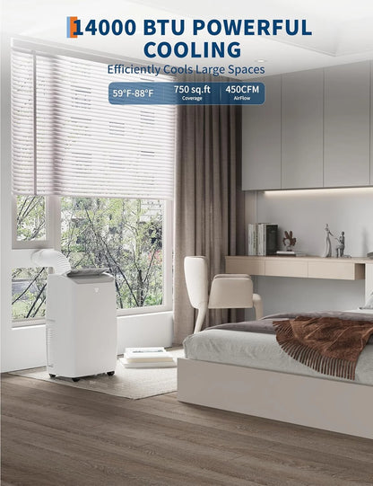 Portable Air Conditioner 14000 BTU for Large Rooms up to 750 Sq.Ft, Efficient Cooling AC Unit with 4 Modes, Cool, Fan, Dehumidify & Sleep, Remote Control & Installation Kit Included