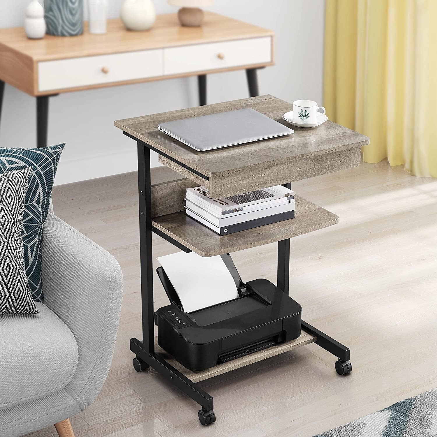 Rolling Computer Desk with Drawer & Keyboard Tray, Mobile Laptop Desk Cart Standing Computer Workstation for Home Office, Gray