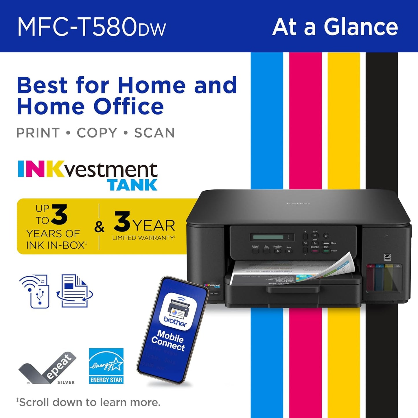 Brother Inkvestment Tank 580 Wireless Color Inkjet All-In-One Printer | Includes up to 3 Years of Ink In-Box(1) and 3-Year Limited Warranty(2) (MFC-T580DW)