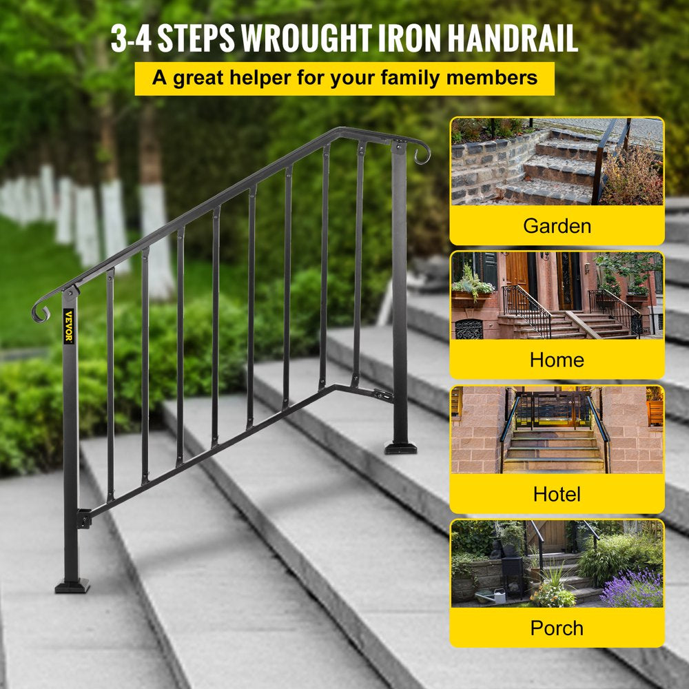 brand Handrail for Stairs Fits 3 or 4 Steps Outdoor Handrail Rail Height Adjustable Wrought Iron Handrail, Matte Black