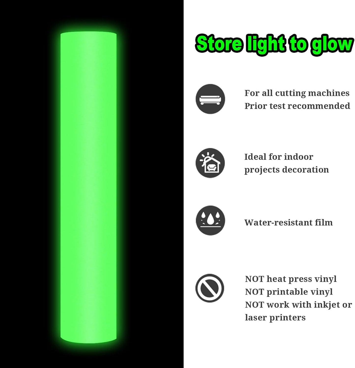 Glow in the Dark Matte Adhesive Vinyl, White to Neon Green, 1Ft X 5Ft for Craft Cutter Sign Plotter Wall Decals Scrapbook Lettering DIY Decorations