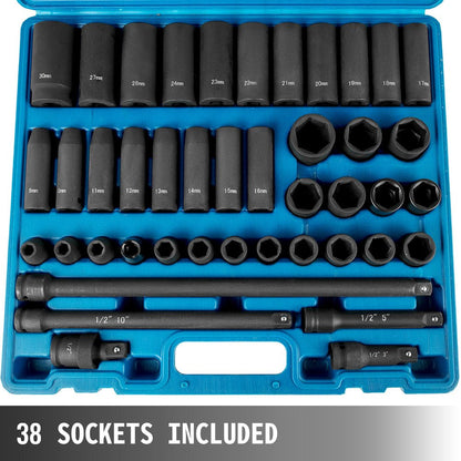 Impact Socket Set 1/2 Inches 43 Piece Impact Sockets, Standard Socket Assortment, 1/2 Inches Drive Socket Set 6-Point Sockets Metric 9-30 Mm (Standard/Deep)