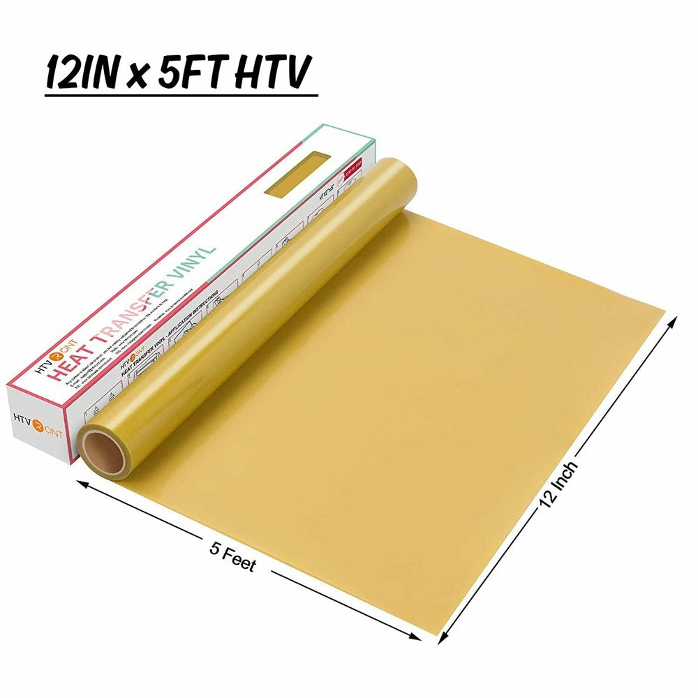 HTV Vinyl Gold Heat Transfer Vinyl Roll - 12In X5Ft PU Vinyl HTV Iron on Vinyl Easy to Cut & Weed for Heat Vinyl Design (Gold)