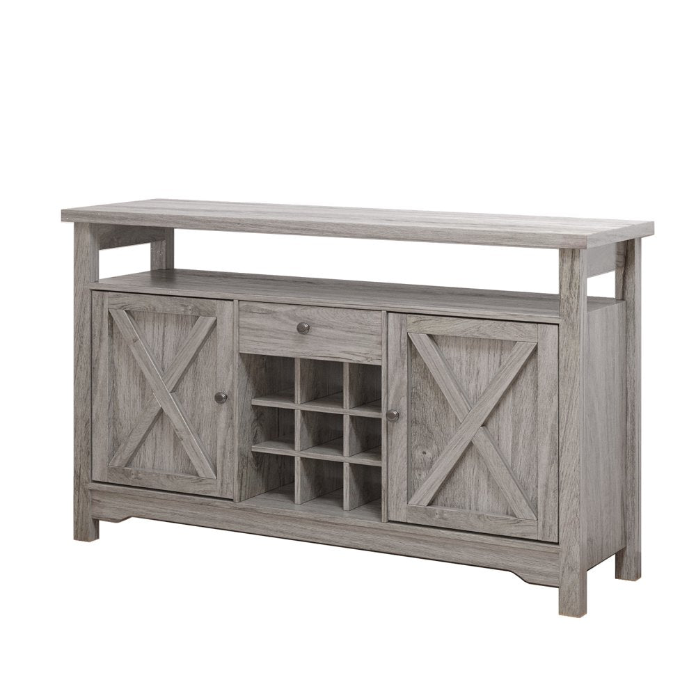 Farmhouse Coffee Bar Cabinet, 47" Kitchen Buffet Storage Cabinet with Barn Door, Liquor Cabinet with Wine Rack, Gray