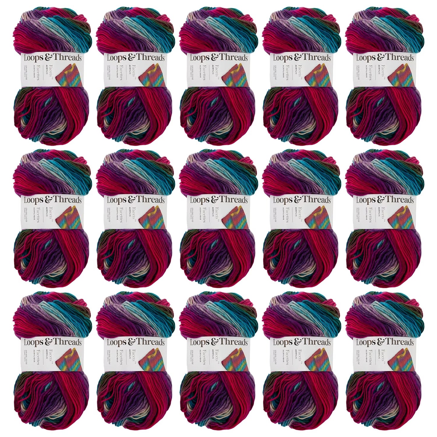 Loops & Threads Vivid Facets Yarn - Medium Weight Yarn for Knitting, Crochet, Weaving, Arts & Crafts, 15 Pack