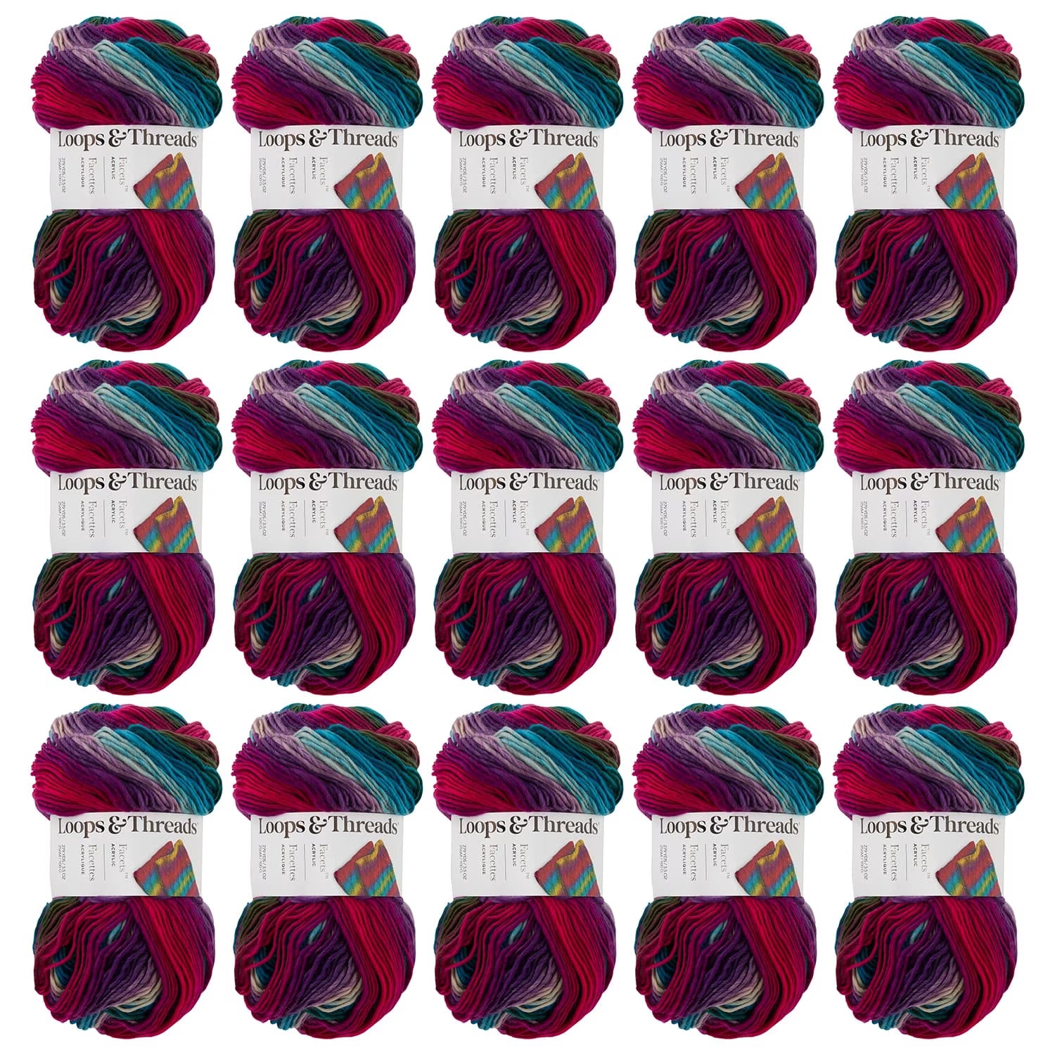 Loops & Threads Vivid Facets Yarn - Medium Weight Yarn for Knitting, Crochet, Weaving, Arts & Crafts, 15 Pack
