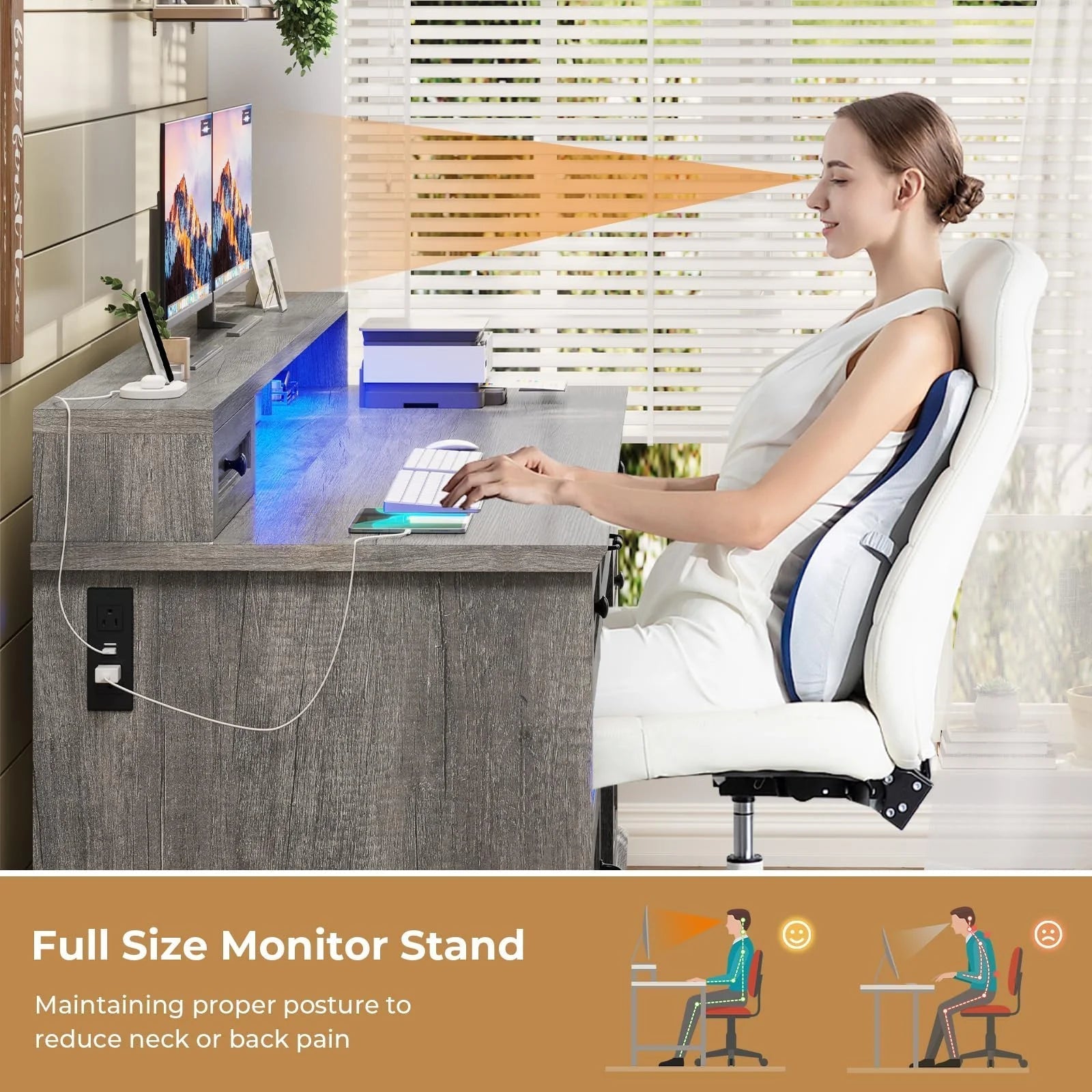 59" Computer Desk with 5 Drawers and Charging Station, Farmhouse Office Desk for Home Office, Gray