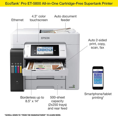 Epson Ecotank Pro ET-5800 Wireless Color All-In-One Supertank Printer with Scanner, Copier, Fax and Ethernet, White