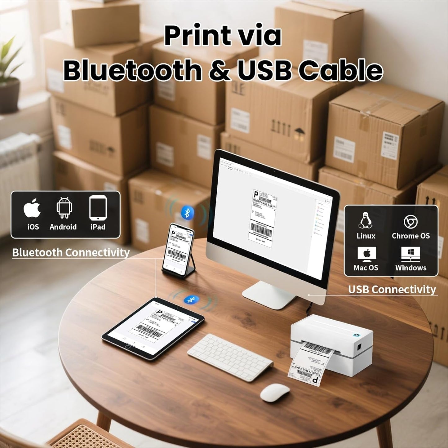 Bluetooth Thermal Label Printer, Wireless 4X6 Shipping Label Printers for Small Business, Compatible with Android&Ios and Windows, Address Label Printer for Amazon, Ebay, Shopify, Etsy, USPS