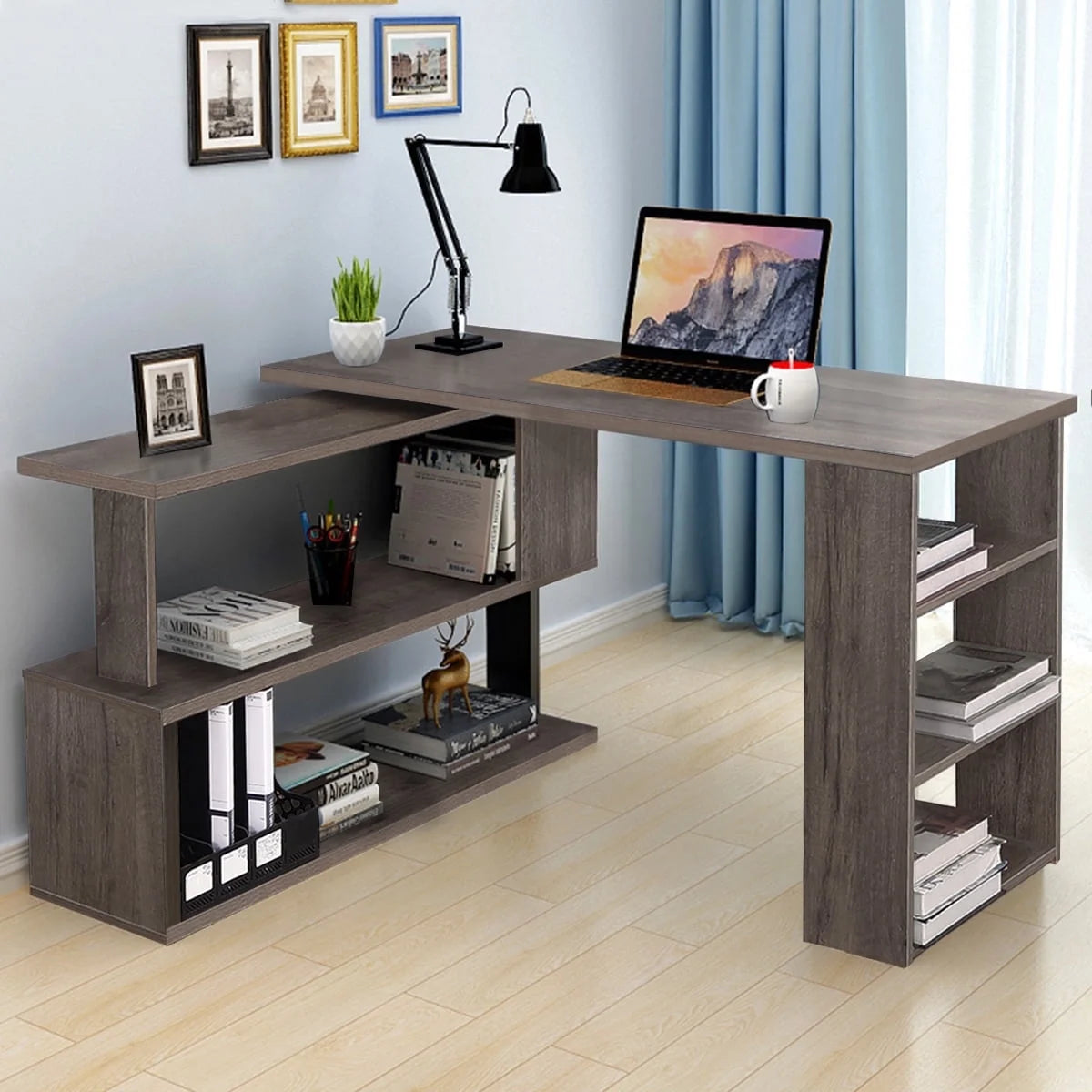 360° Rotating Computer Desk with Storage Large Office Desk with Open Bookshelves Corner Desk with File Cabinet Writing Desk Workstation for Home Office