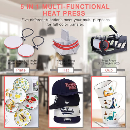 Heat Press Machine 5 in 1 Combo Heat Press 15 X 15 Inch Heat Transfer Machine 360-Degree Swing Away Digital Shirt Printing Multi-Function Heat Transfer Sublimation for T Shirts Mug Hat Plate Cap