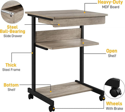 Rolling Computer Desk with Drawer & Keyboard Tray, Mobile Laptop Desk Cart Standing Computer Workstation for Home Office, Gray