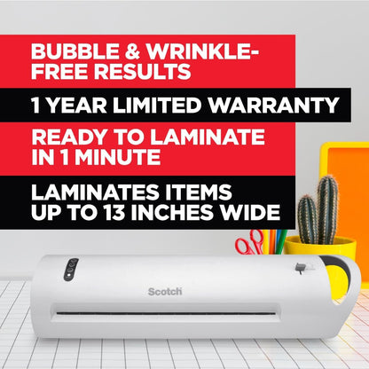 Scotch® Thermal Laminator Combo Pack, 1 White Thermal Laminator 13" Wide, 20 Laminating Sheets, Fits Letter Size