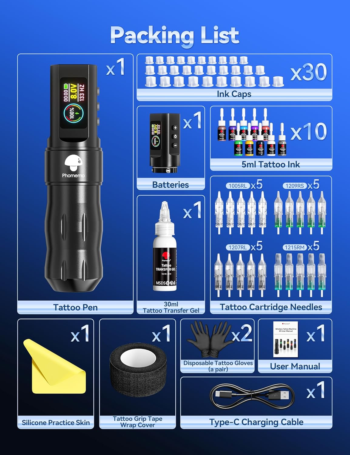 Phomemo Tattoo Gun Kit, Wireless Tattoo Machine Kit for Beginners Complete Set, Tattoo Pen with 20 Tattoo Cartridge Needles, Tattoo Practice Kit with 1 Batteries