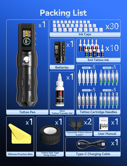 Phomemo Tattoo Gun Kit, Wireless Tattoo Machine Kit for Beginners Complete Set, Tattoo Pen with 20 Tattoo Cartridge Needles, Tattoo Practice Kit with 1 Batteries