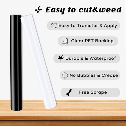 Permanent Vinyl Roll, 2 Rolls 12" X 14FT Glossy Black & White Permanent Adhesive Vinyl Compatible with Cricut Cutting Machine, Silhouette - Easy to Weed & Transfer